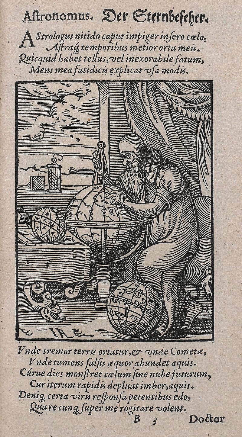 Page from an old book with lines of printed text and an engraving depicting an old man with a long grey beard sitting among globes.